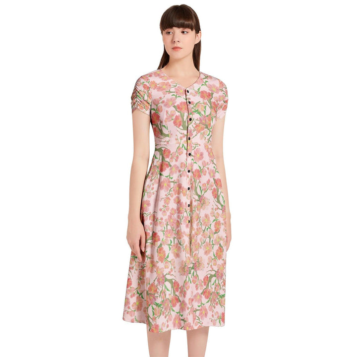 Floral Puff Sleeve Button Through Dress - Mishastyle