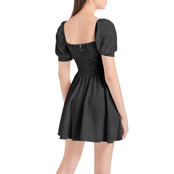 Floral Puff Sleeve Sweetheart Neck Short Dress - Black - Mishastyle