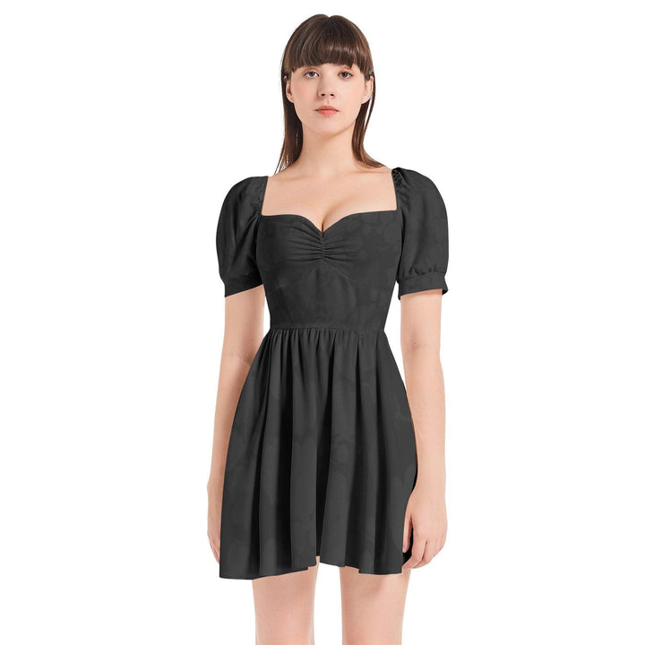Floral Puff Sleeve Sweetheart Neck Short Dress - Black - Mishastyle