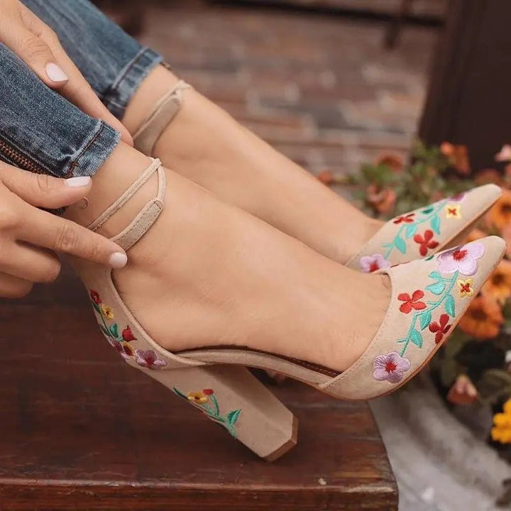 Floral Square heels Women Pumps - Beige - Mishastyle