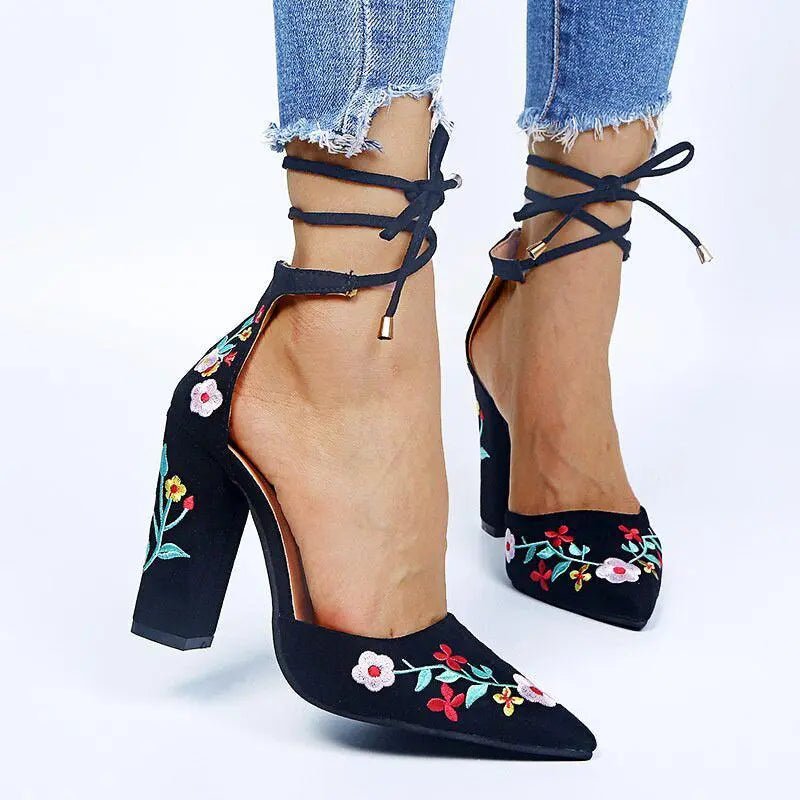 Floral Square heels Women Pumps - Black - Mishastyle