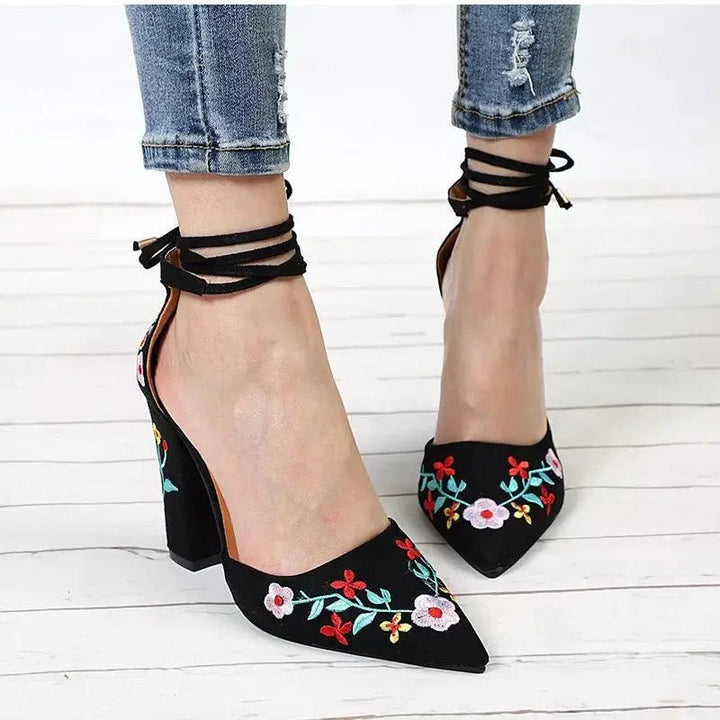Floral Square heels Women Pumps - Black - Mishastyle