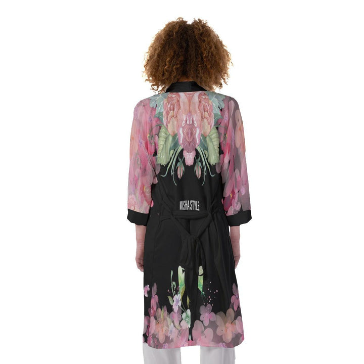Floral Women's Satin Kimono Robe - Black - Mishastyle