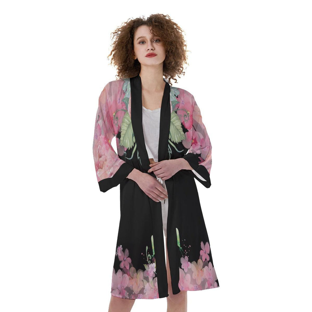 Floral Women's Satin Kimono Robe - Black - Mishastyle