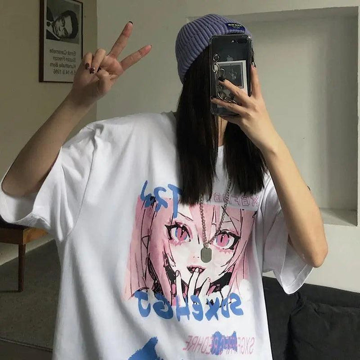 Korean Anime Print Steampunk Women T-shirts - Mishastyle