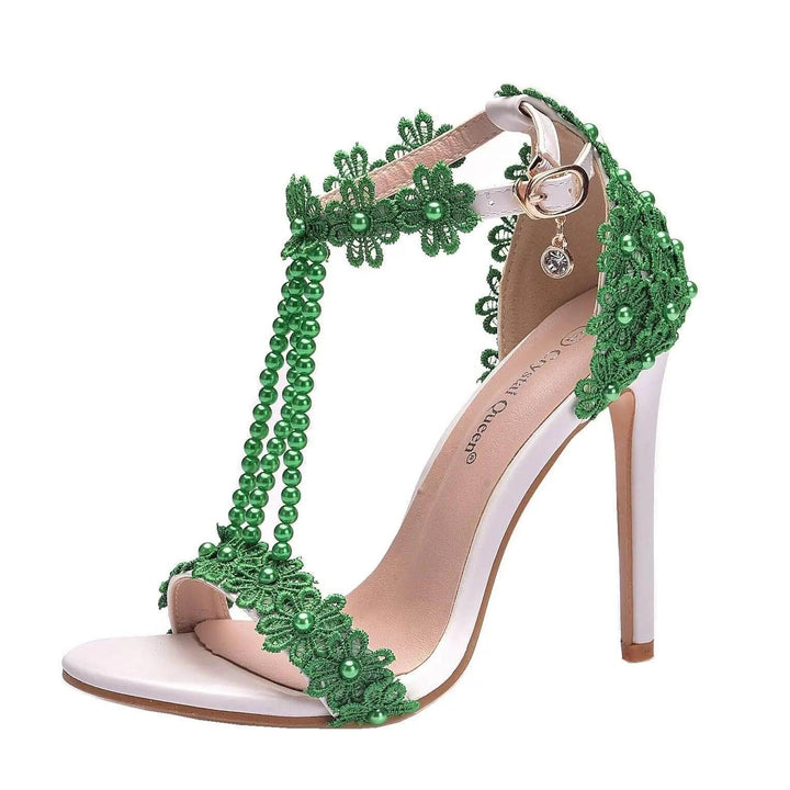 Lace clamp Embroidered Pearl Sandal - Green - Mishastyle