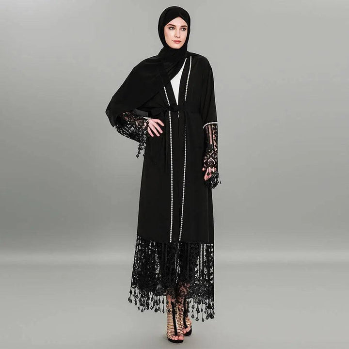 Lace Embroidery With Pearl Front Open Abaya - Mishastyle