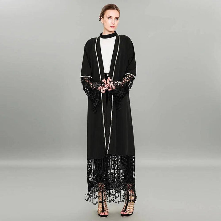 Lace Embroidery With Pearl Front Open Abaya - Mishastyle