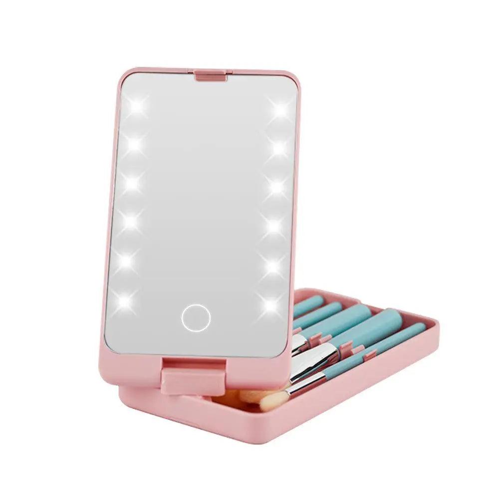 LED Light Makeup Hand Mirror - Pink - Mishastyle