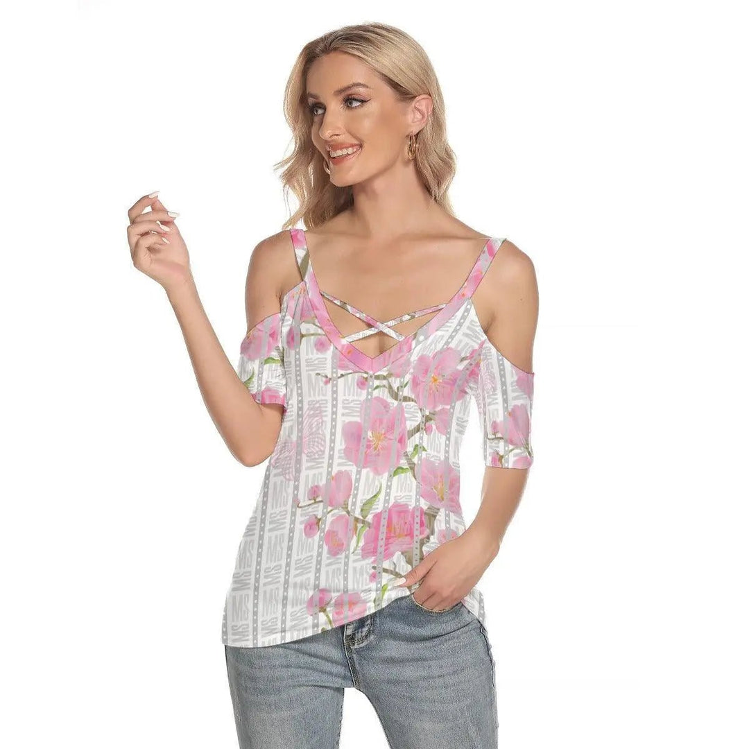 Misha Floral Cold Shoulder T-shirt With Criss Cross Strips - Mishastyle