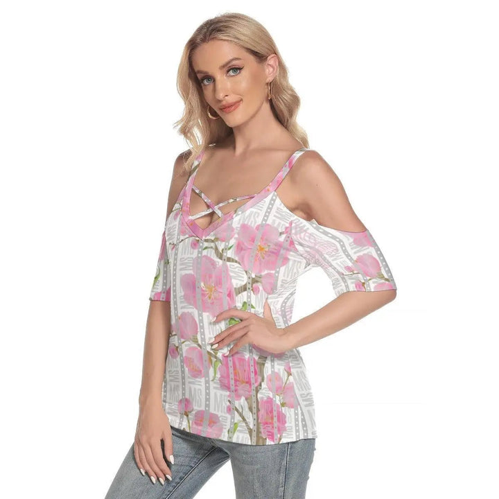 Misha Floral Cold Shoulder T-shirt With Criss Cross Strips - Mishastyle