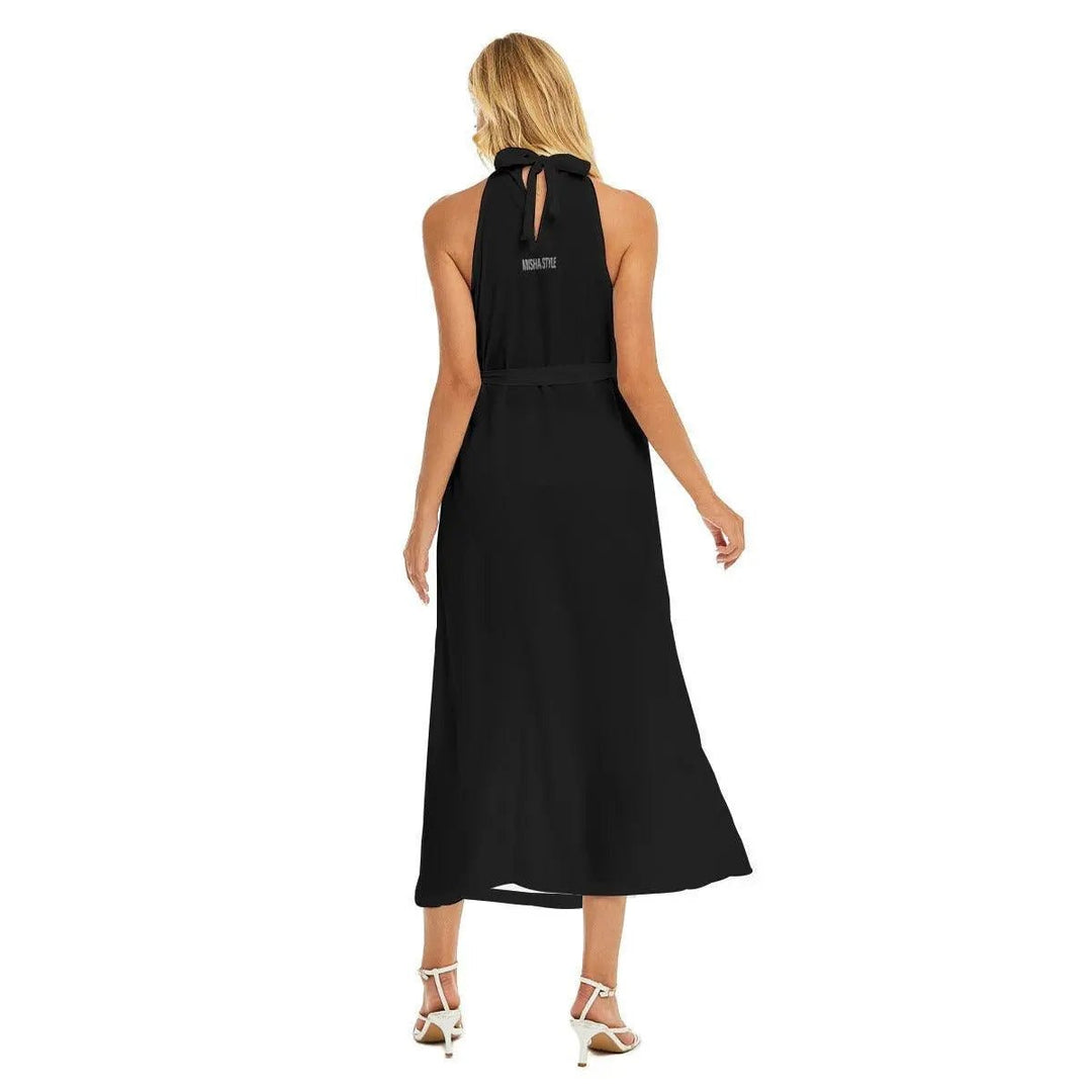 Misha Women's Wrap Hem Belted Halter Dress - Black - Mishastyle