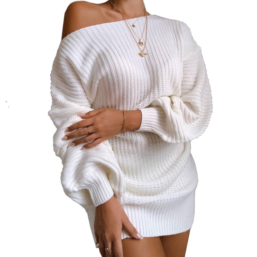 Off-shoulder lantern sleeve knitted Dress - Mishastyle