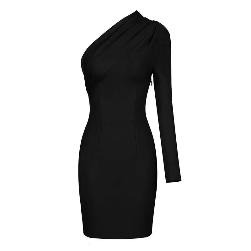 One Shoulder Slim Bodycon Dress - Black - Mishastyle