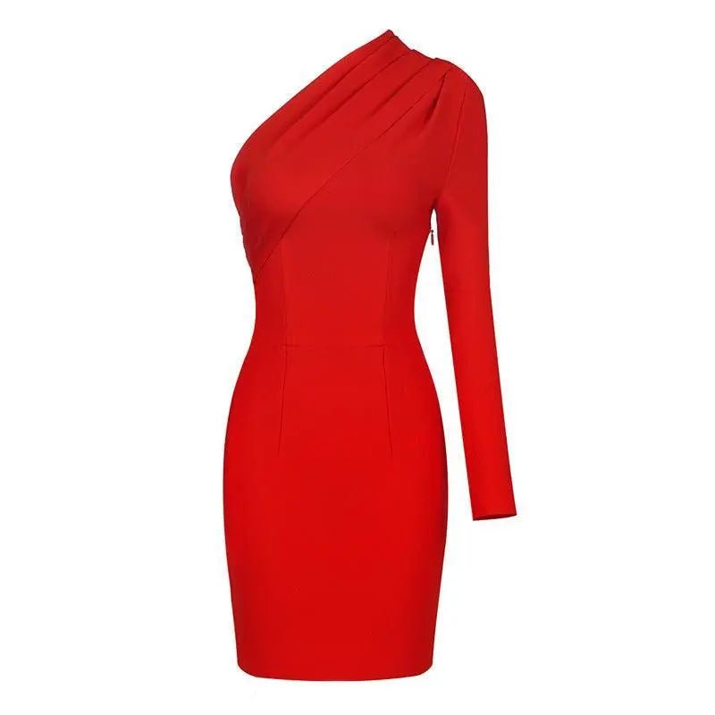 One Shoulder Slim Bodycon Dress - Red - Mishastyle