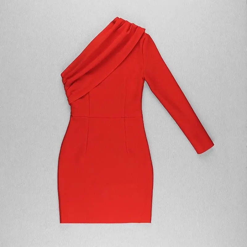 One Shoulder Slim Bodycon Dress - Red - Mishastyle