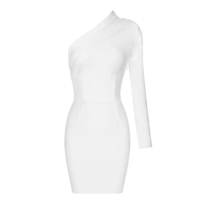 One Shoulder Slim Bodycon Dress - White - Mishastyle