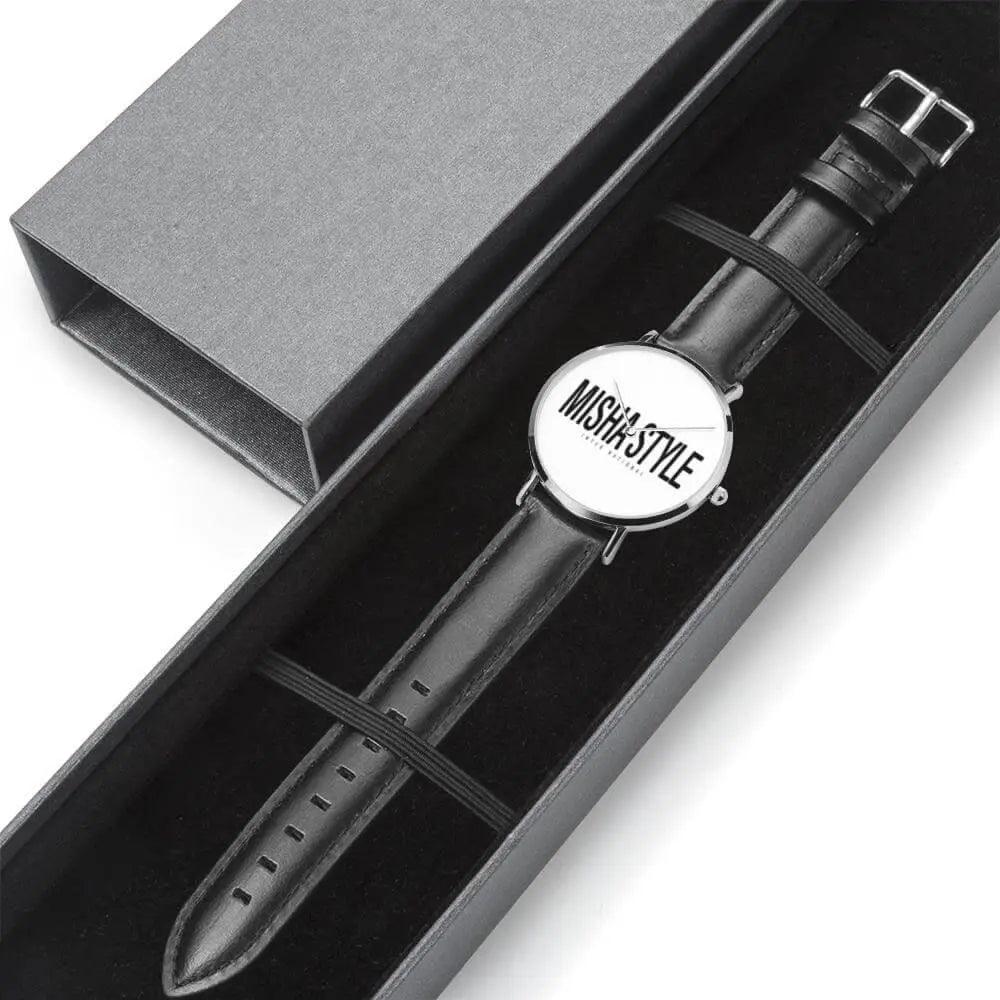 Quartz Watch Genuine Leather Strap Water-resistant (Black) - Mishastyle