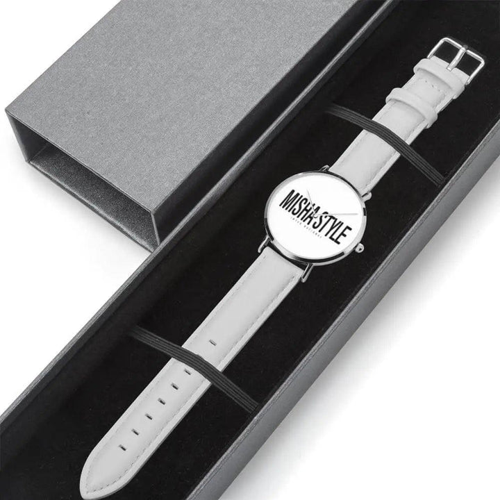 Quartz Watch Genuine Leather Strap Water-resistant ( White ) - Mishastyle