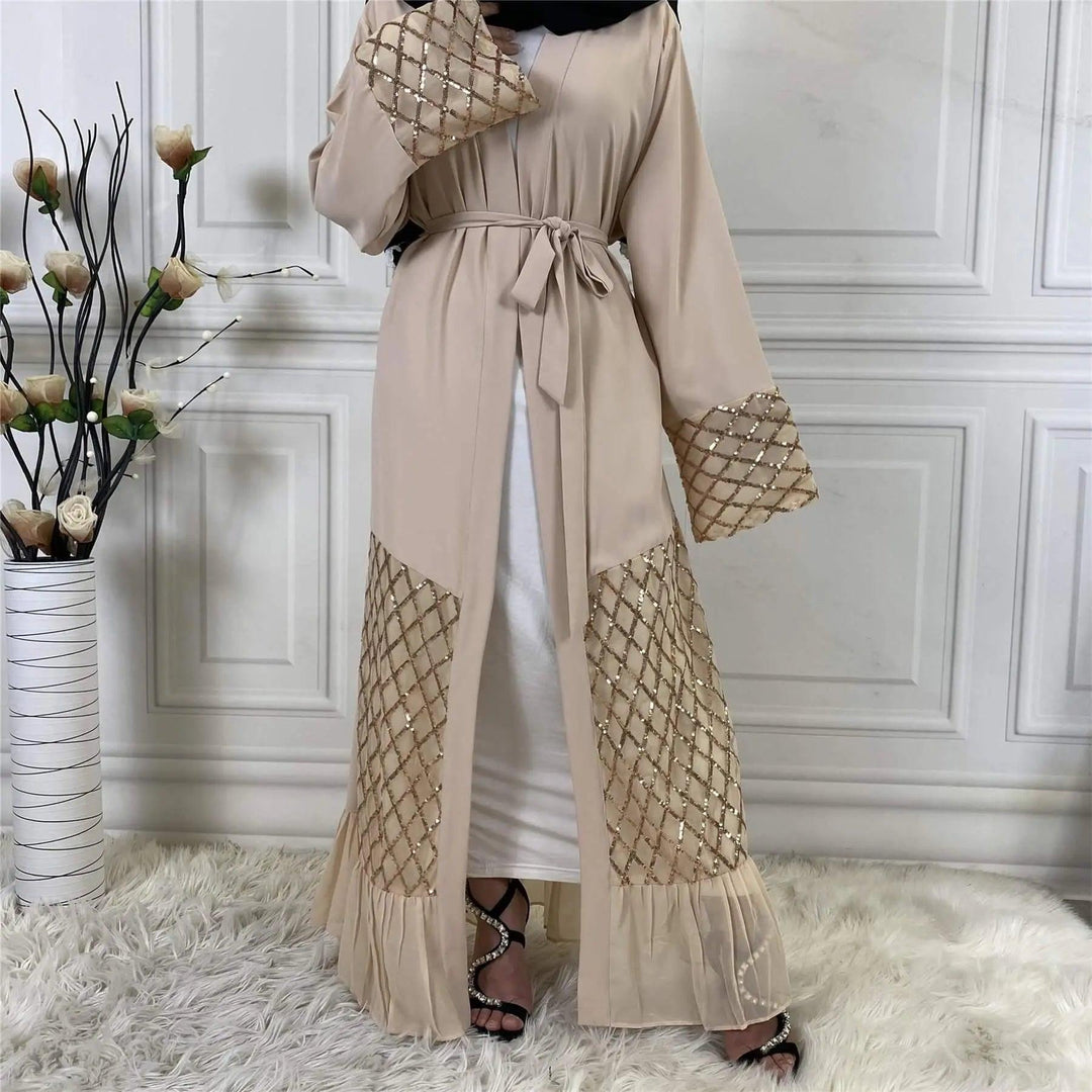 Sequin Handmade Embroidery Abaya - Beige - Mishastyle