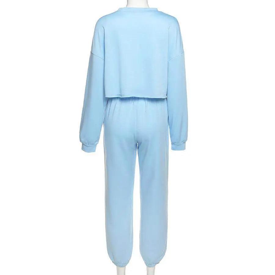 Sexy Crop Blank Two Pieces Tracksuit - Blue - Mishastyle