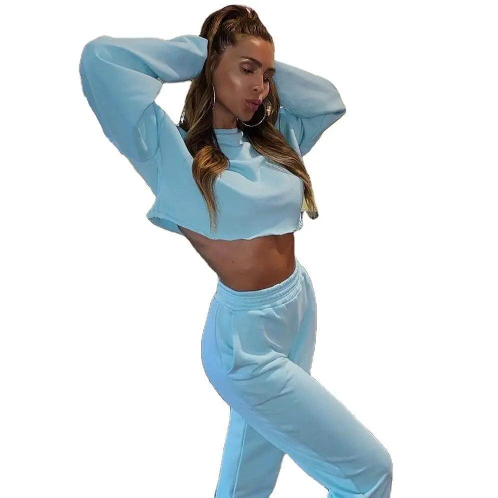Sexy Crop Blank Two Pieces Tracksuit - Blue - Mishastyle