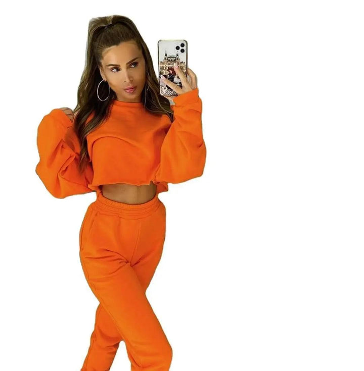 Sexy Crop Blank Two Pieces Tracksuit - Orange - Mishastyle