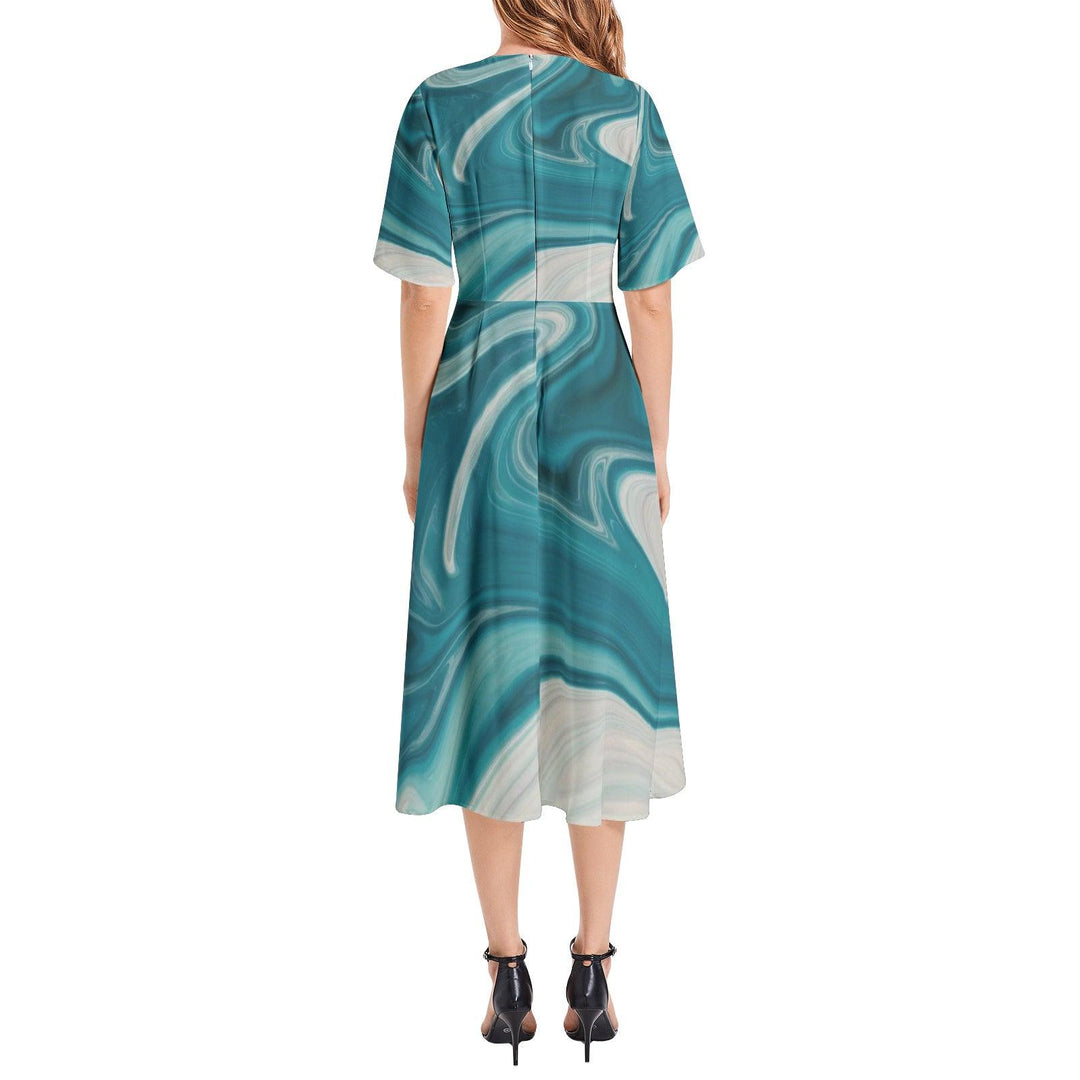 Short Sleeve Waist Folding Midi Dress - Mishastyle