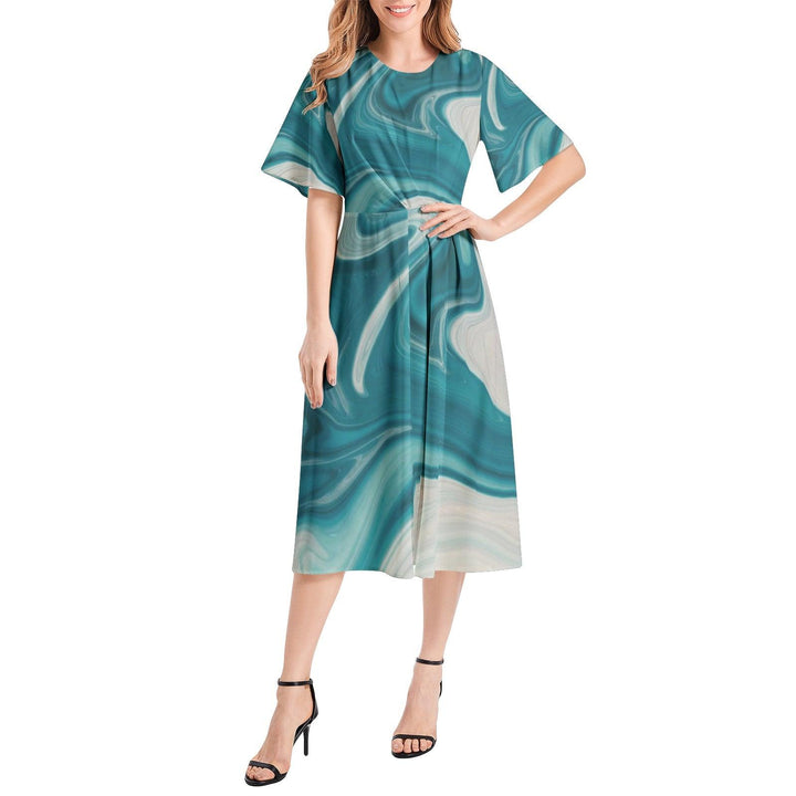 Short Sleeve Waist Folding Midi Dress - Mishastyle