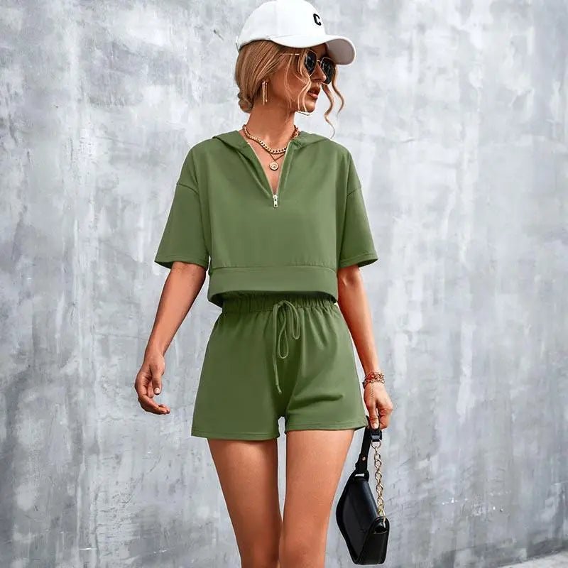 Solid Hooded Zip Casual Shorts Set - Mishastyle