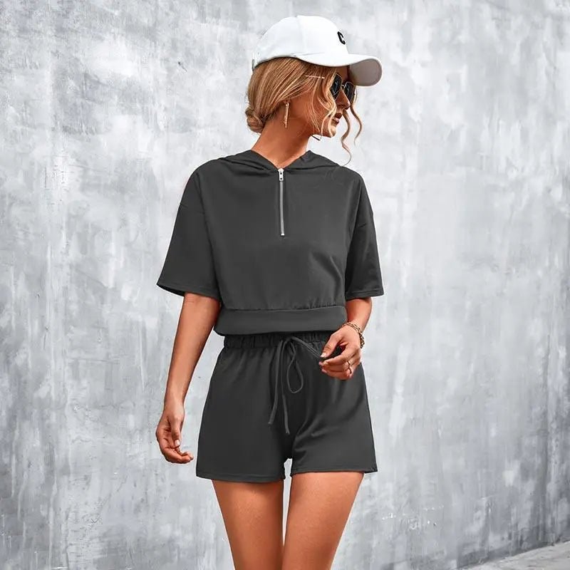 Solid Hooded Zip Casual Shorts Set - Mishastyle