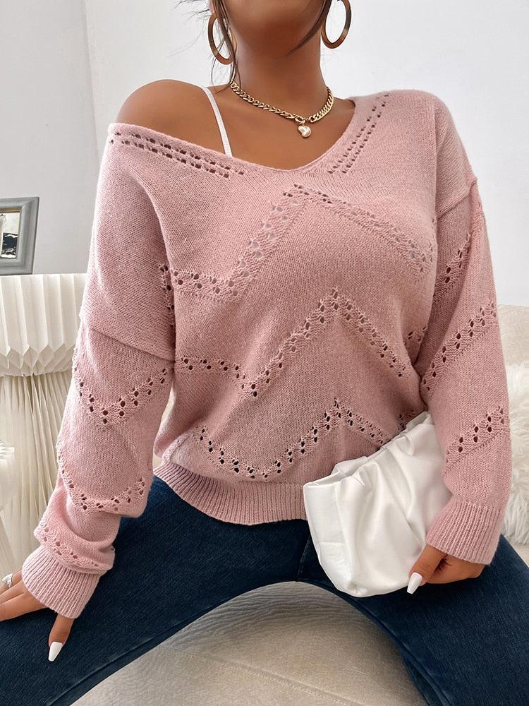 Solid Pink Plus Size Wool Knit Pullover - Mishastyle