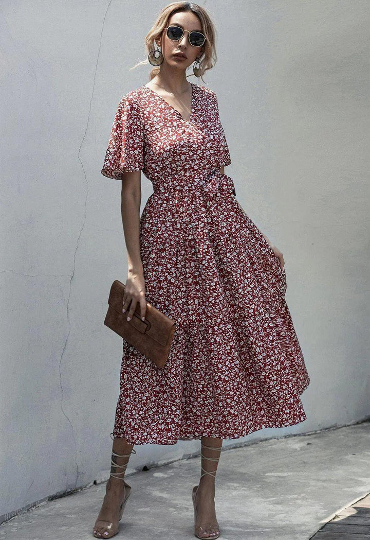 Springy V-Neck Stylish Casual Big Swing Dress - Red Floral - Mishastyle