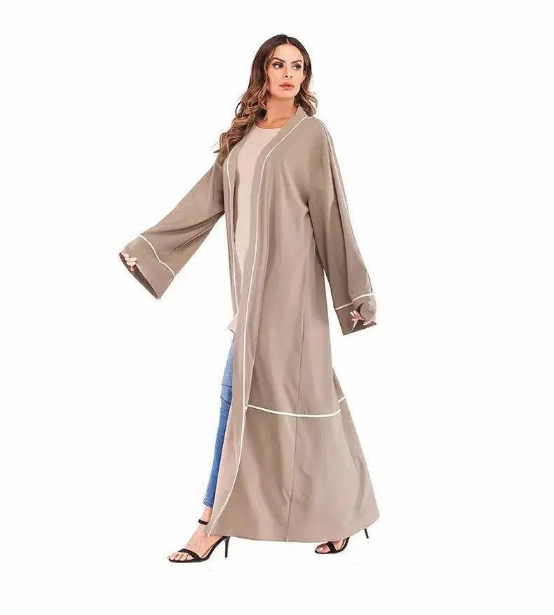 Striped Cardigan Muslim Abaya- Beige - Mishastyle