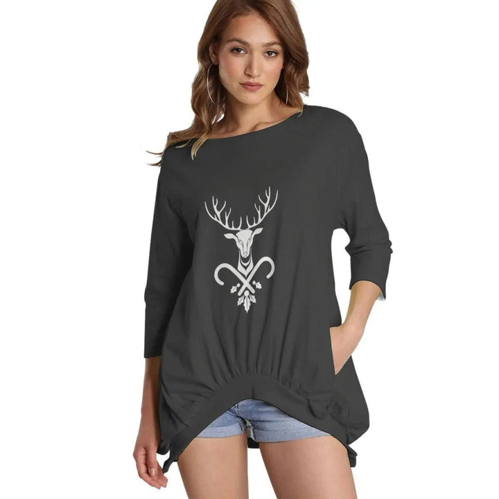 Sweatshirt With Irregular Pleated Hem - Deer - Mishastyle