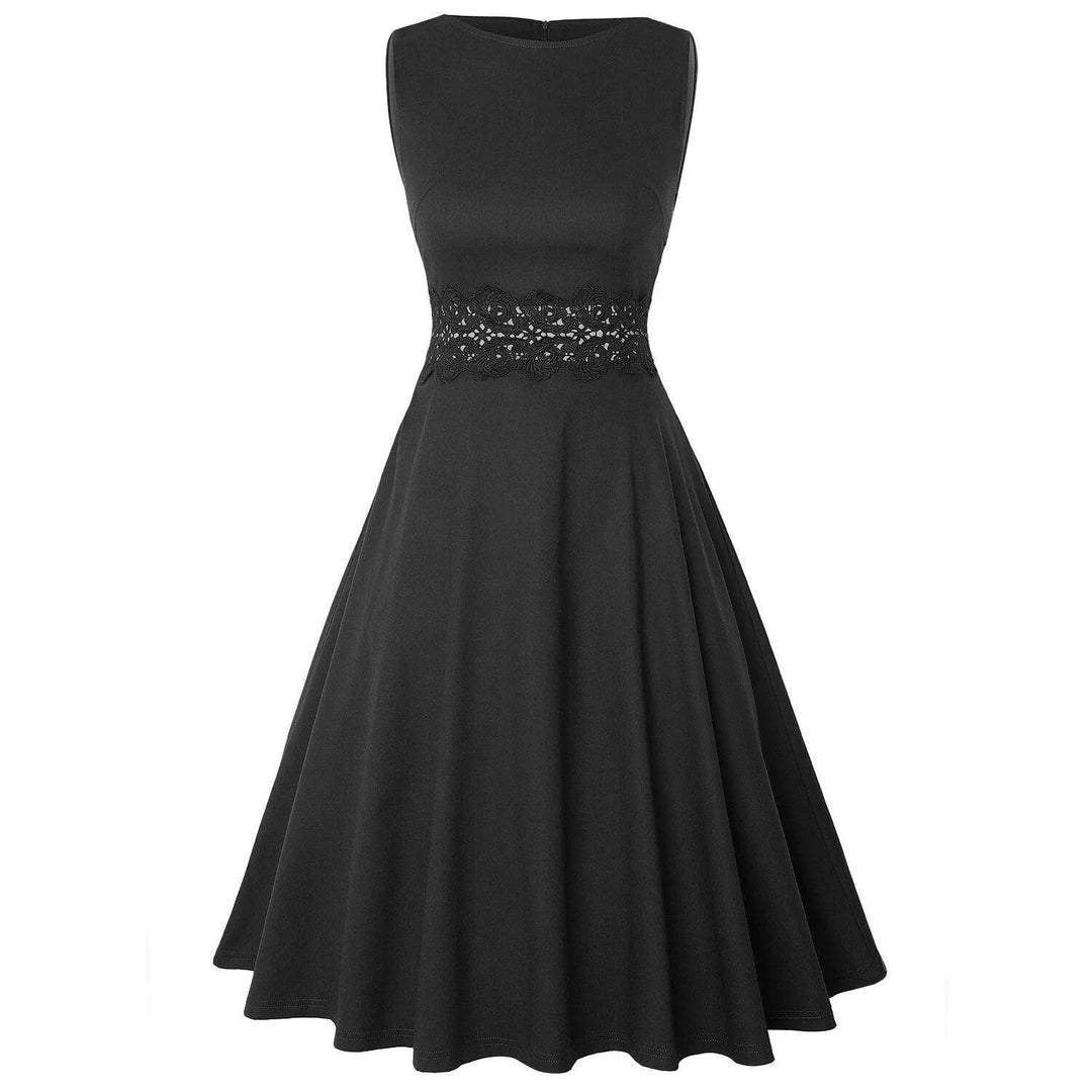 Vintage Elegant Floral Swing Dress - Black - Mishastyle