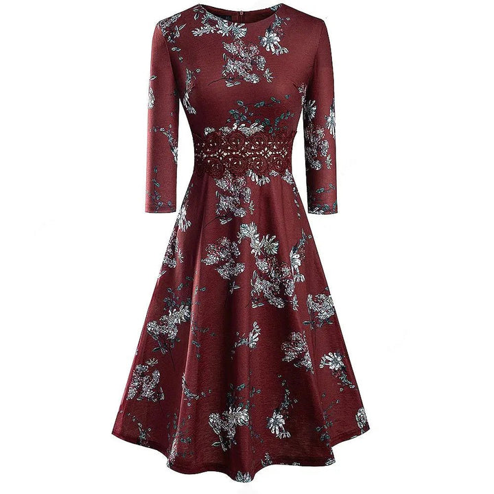 Vintage Elegant Floral Swing Dress - Dark Red - Mishastyle