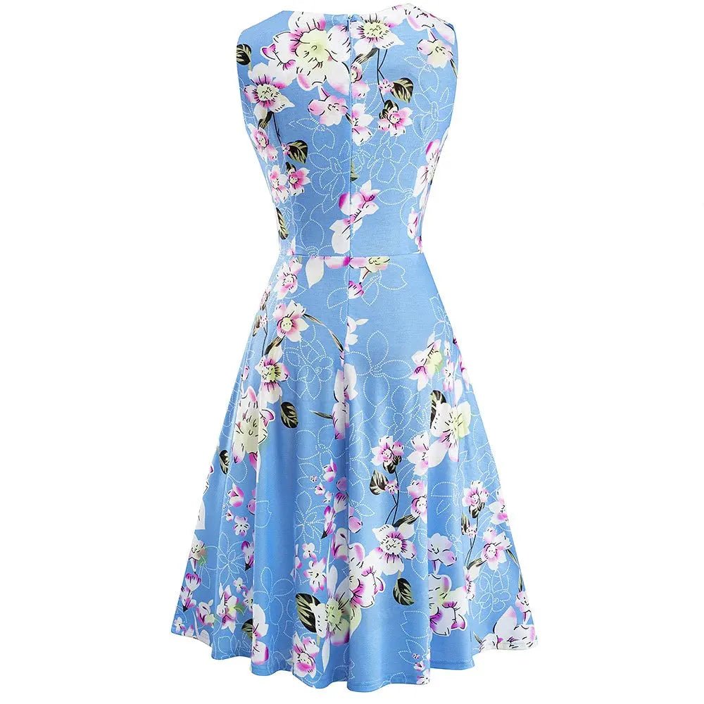 Vintage Elegant Floral Swing Dress - Light Blue - Mishastyle