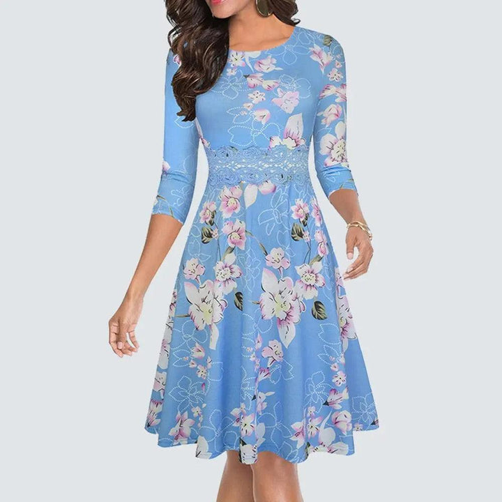Vintage Elegant Floral Swing Dress - Light Blue - Mishastyle
