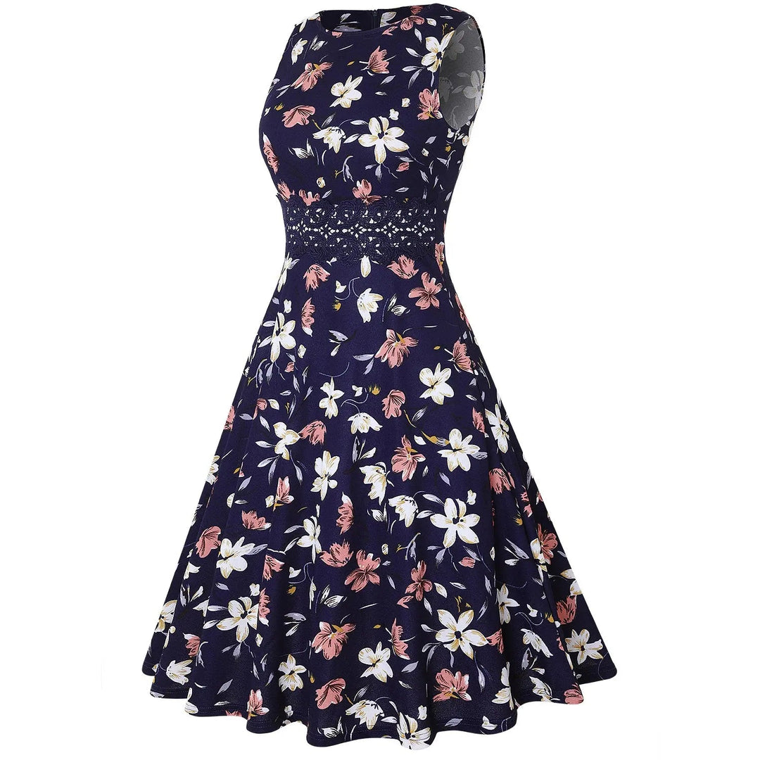 Vintage Elegant Floral Swing Dress - Navy - Mishastyle