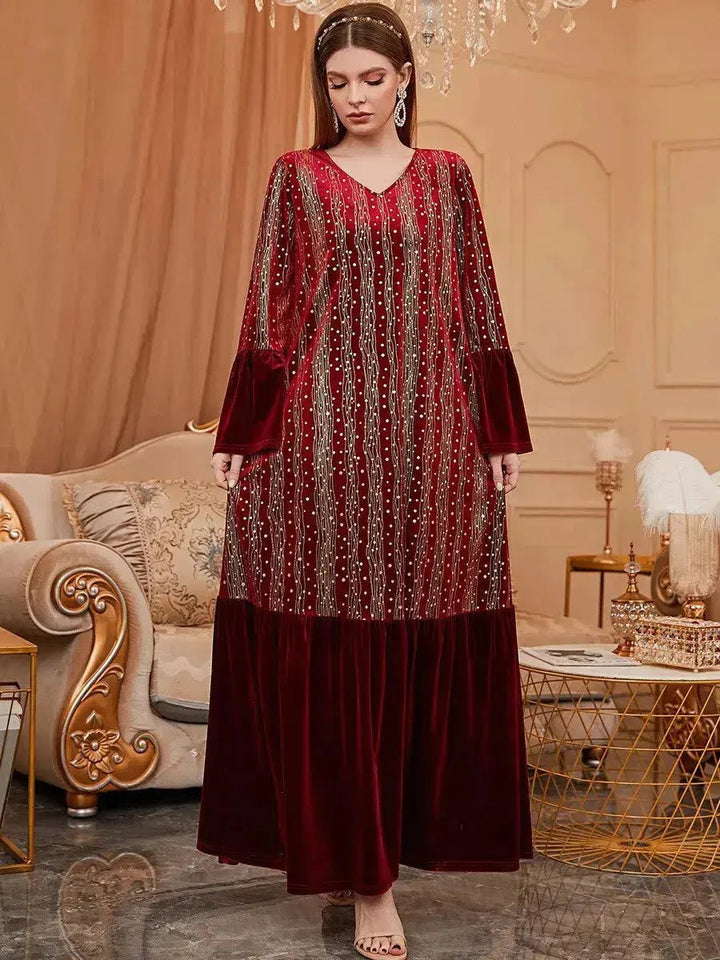 Winter Velvet Turkey Embroidery Long Dress - Red - Mishastyle
