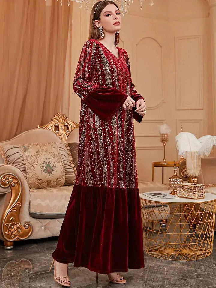 Winter Velvet Turkey Embroidery Long Dress - Red - Mishastyle