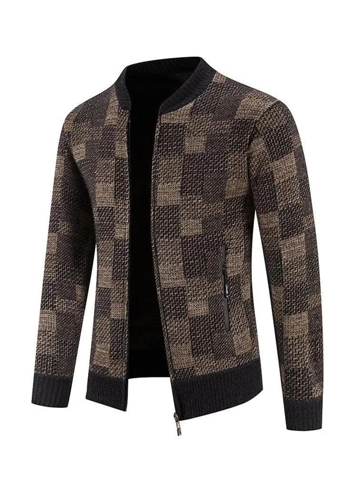 Zipper Plaid Warm Slim fit Knitted Jacket - Brown - Mishastyle