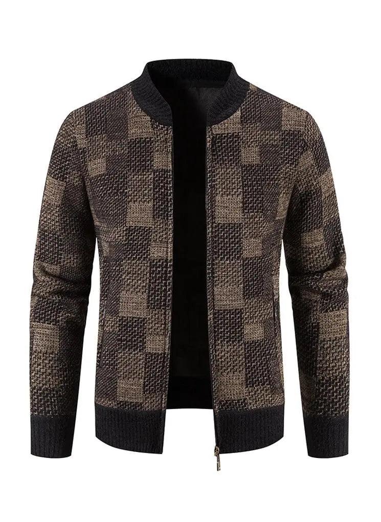 Zipper Plaid Warm Slim fit Knitted Jacket - Brown - Mishastyle