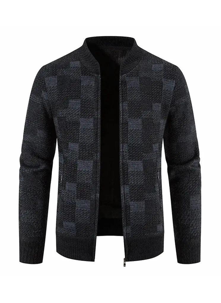 Zipper Plaid Warm Slim fit Knitted Jacket - Navy - Mishastyle