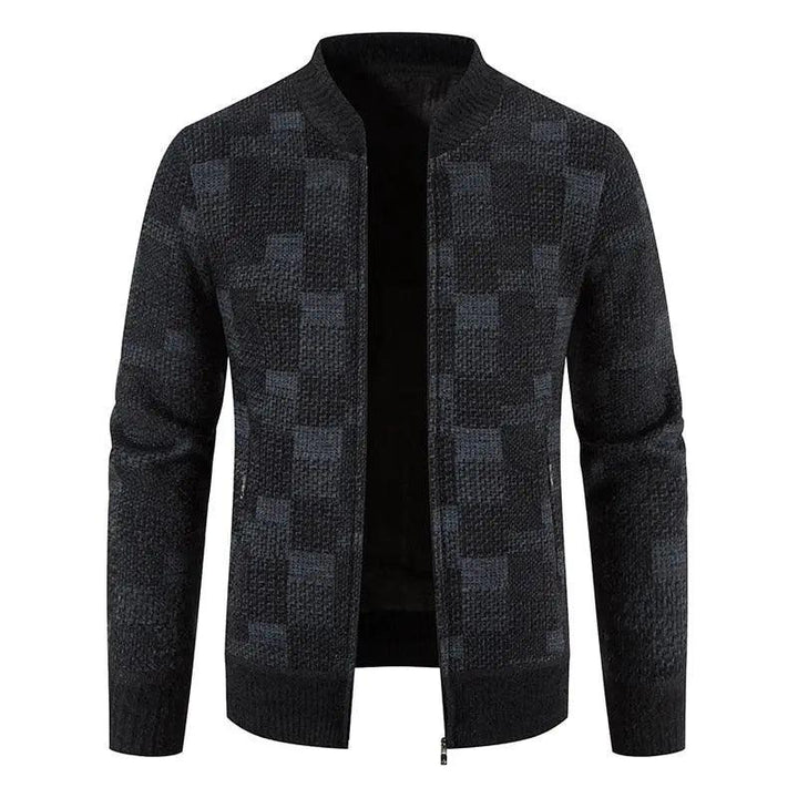 Zipper Plaid Warm Slim fit Knitted Jacket - Navy - Mishastyle