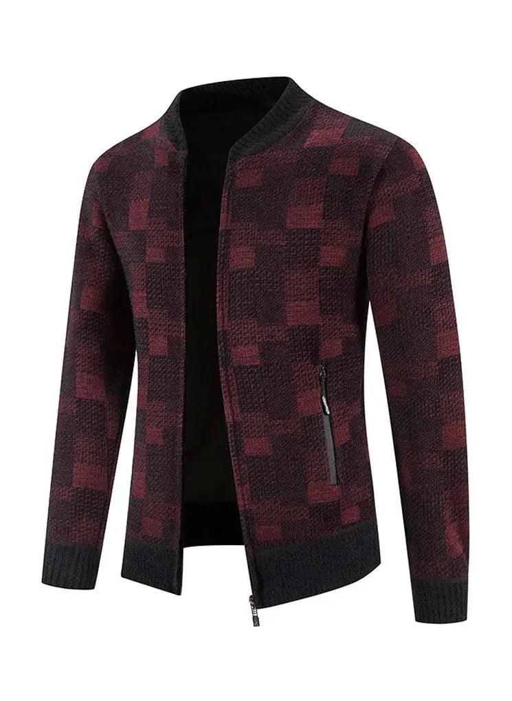 Zipper Plaid Warm Slim fit Knitted Jacket - Red - Mishastyle