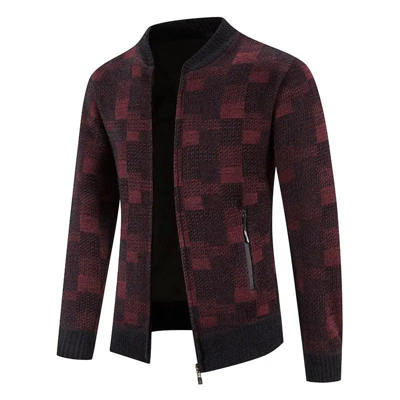 Zipper Plaid Warm Slim fit Knitted Jacket - Red - Mishastyle